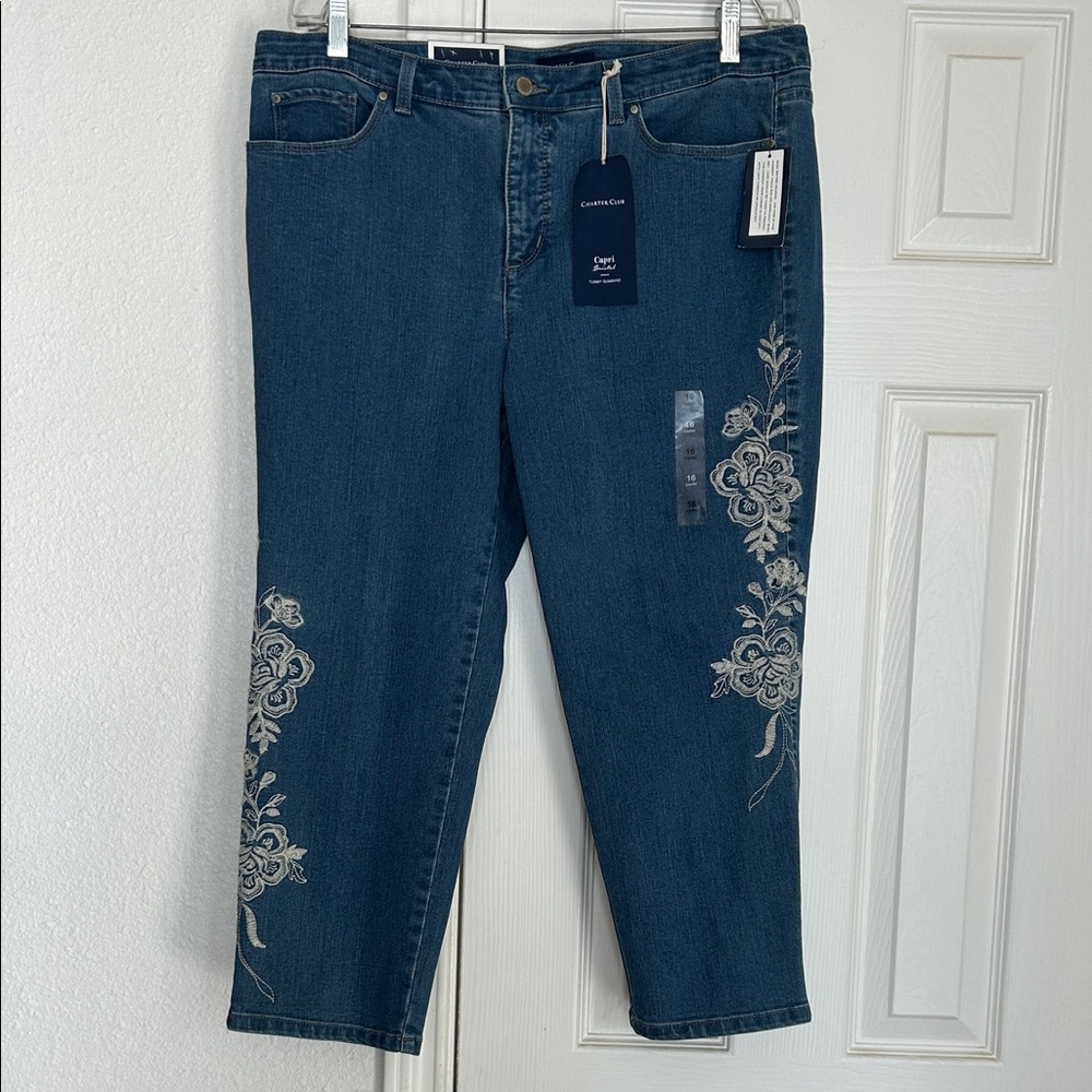 Charter Club Bristol Cropped Jeans with Cream Floral Embroidery